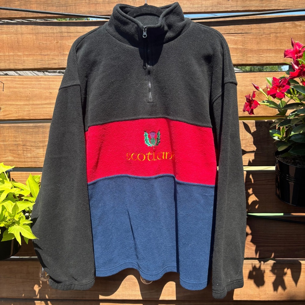 Hysteria Scotland Fleece Pullover Mens XL Multi Color Used Thistle Embroidery